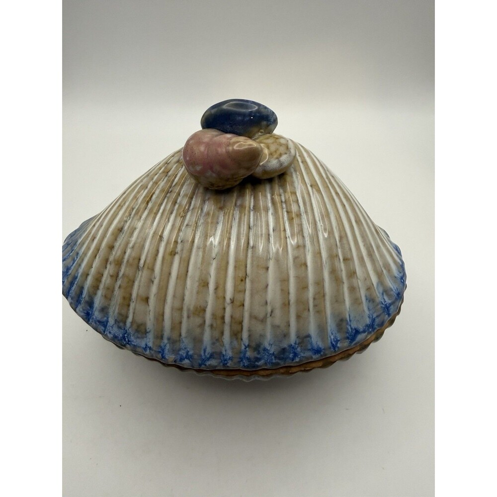 Ceramic Seashell Trinket Box Jewelry Keepsake Shell Lid Blue Brown Coastal Decor